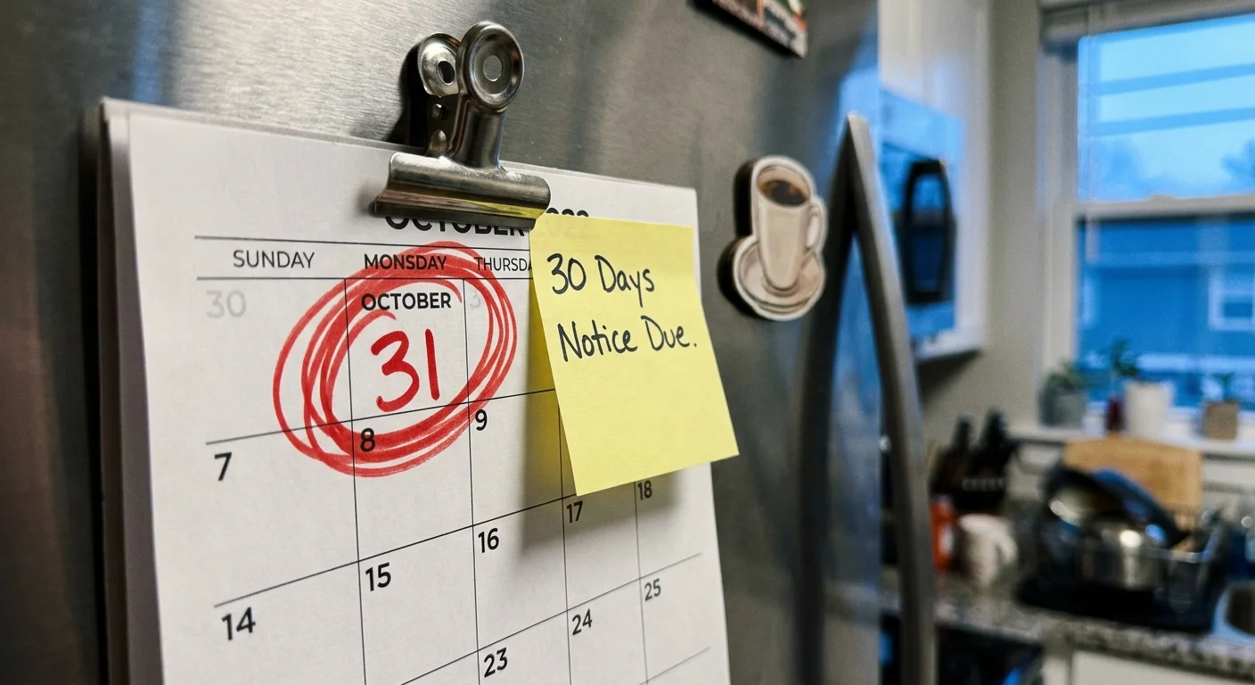Photo of a calendar on a refrigerator with a 30-day notice reminder circled in red.