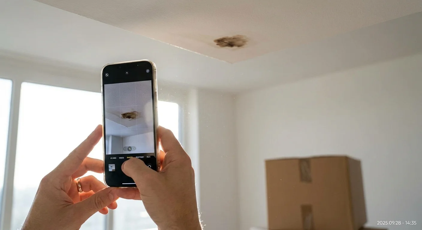 Photo of a person using a smartphone to document a water stain during a move-in inspection.
