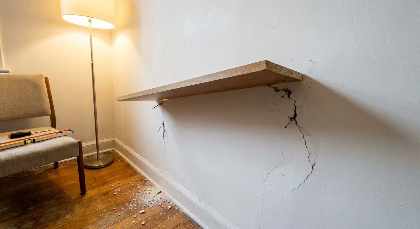 Photo of a poorly installed shelf that has damaged a rental apartment wall.