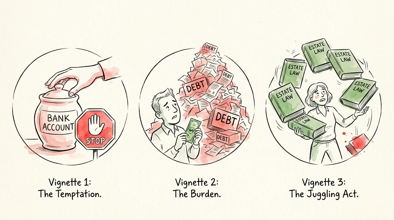 Three circular illustrations showing common mistakes like taking money from accounts or trying to handle complex law alone.
