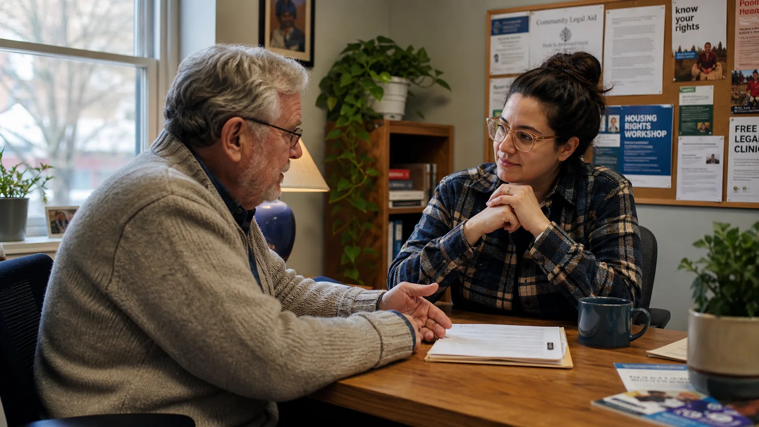 A senior man consults with a friendly, casually dressed legal aid advisor in a cozy community office.