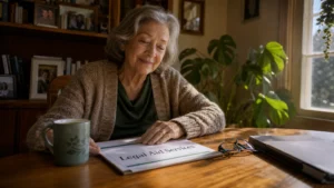 A senior woman sits at her kitchen table looking relieved while reviewing legal aid documents in her warm, sunlit home.