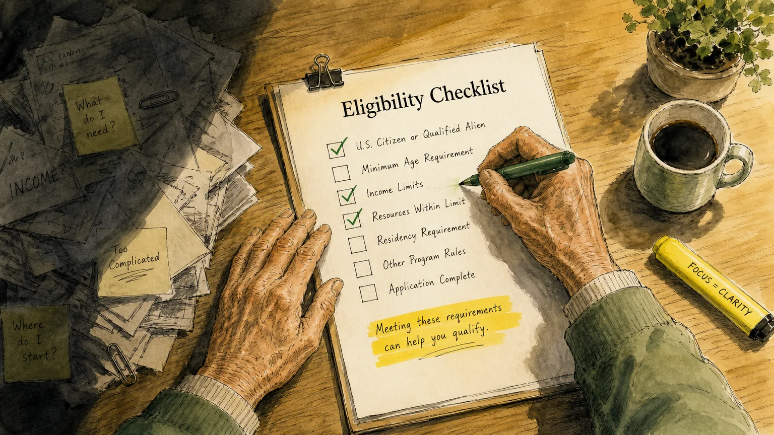 An illustration of hands checking off items on an eligibility checklist, pushing away a chaotic stack of papers.