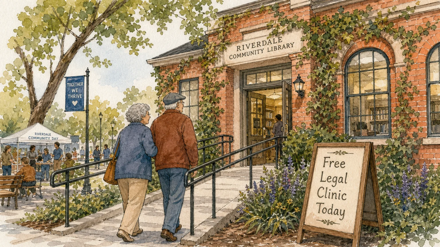 An ink and watercolor illustration of an older couple walking up to a brick community center with a sign reading 'Free Legal Clinic'.
