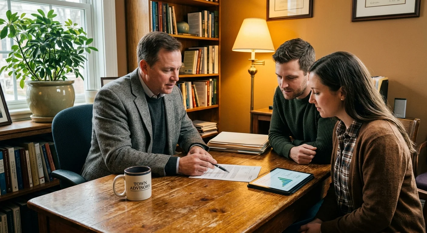 A candid photo of a couple consulting with a professional advisor at a wooden desk in a warm, comfortable local office.