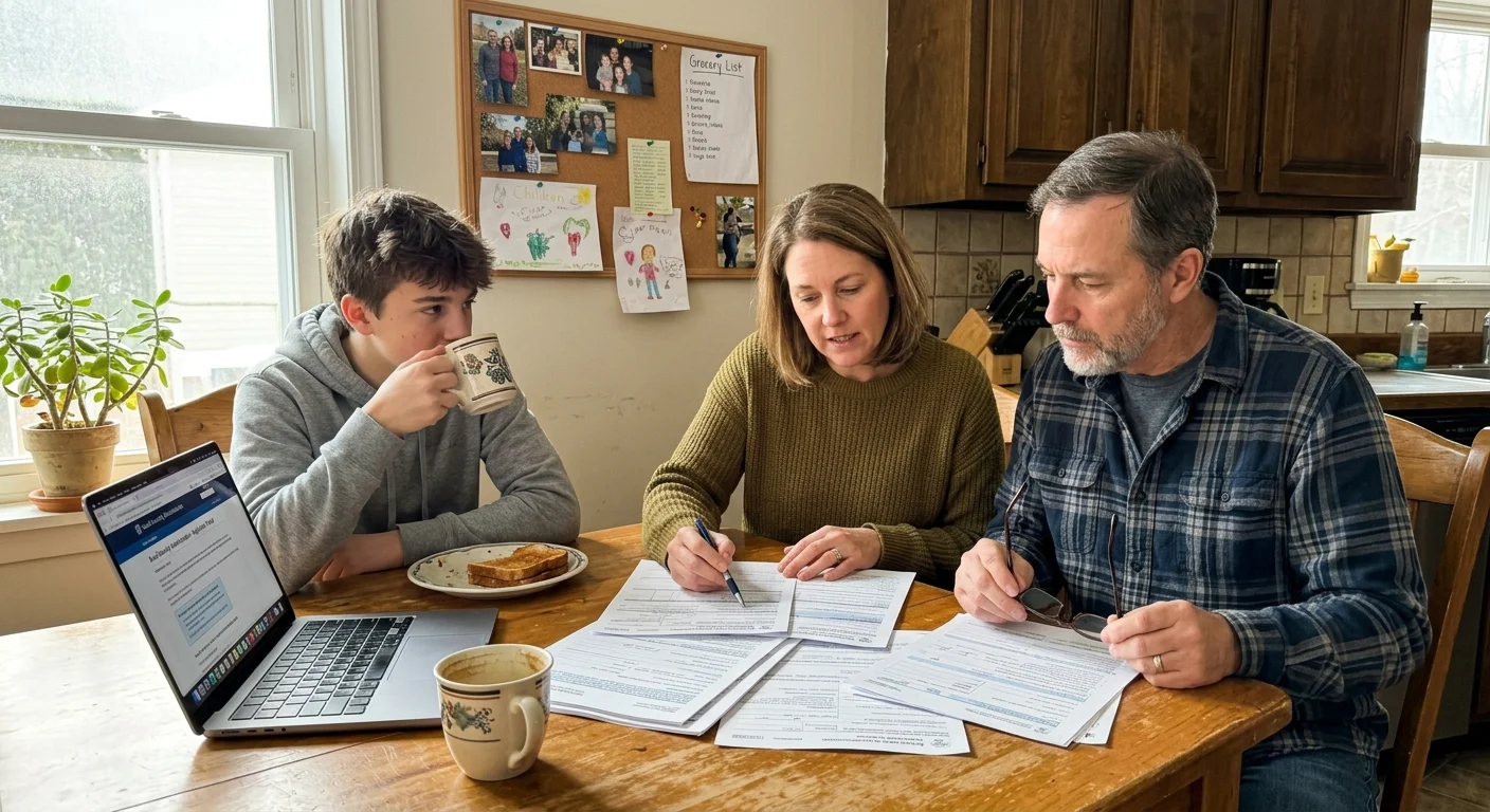 A candid photo of a mother, stepfather, and teenager reviewing financial paperwork at a sunlit wooden kitchen table.