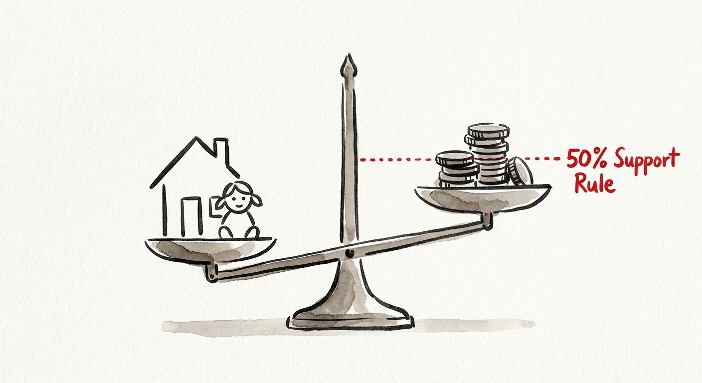 An editorial ink sketch of an unbalanced scale, symbolizing the fifty percent financial support rule for stepchildren.