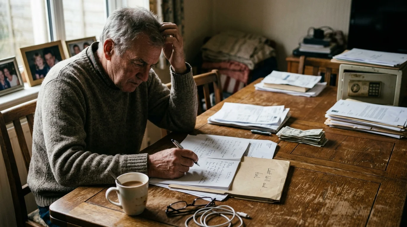 An older man sits at a wooden table reviewing paperwork and resting his head in his hand while holding a pen.