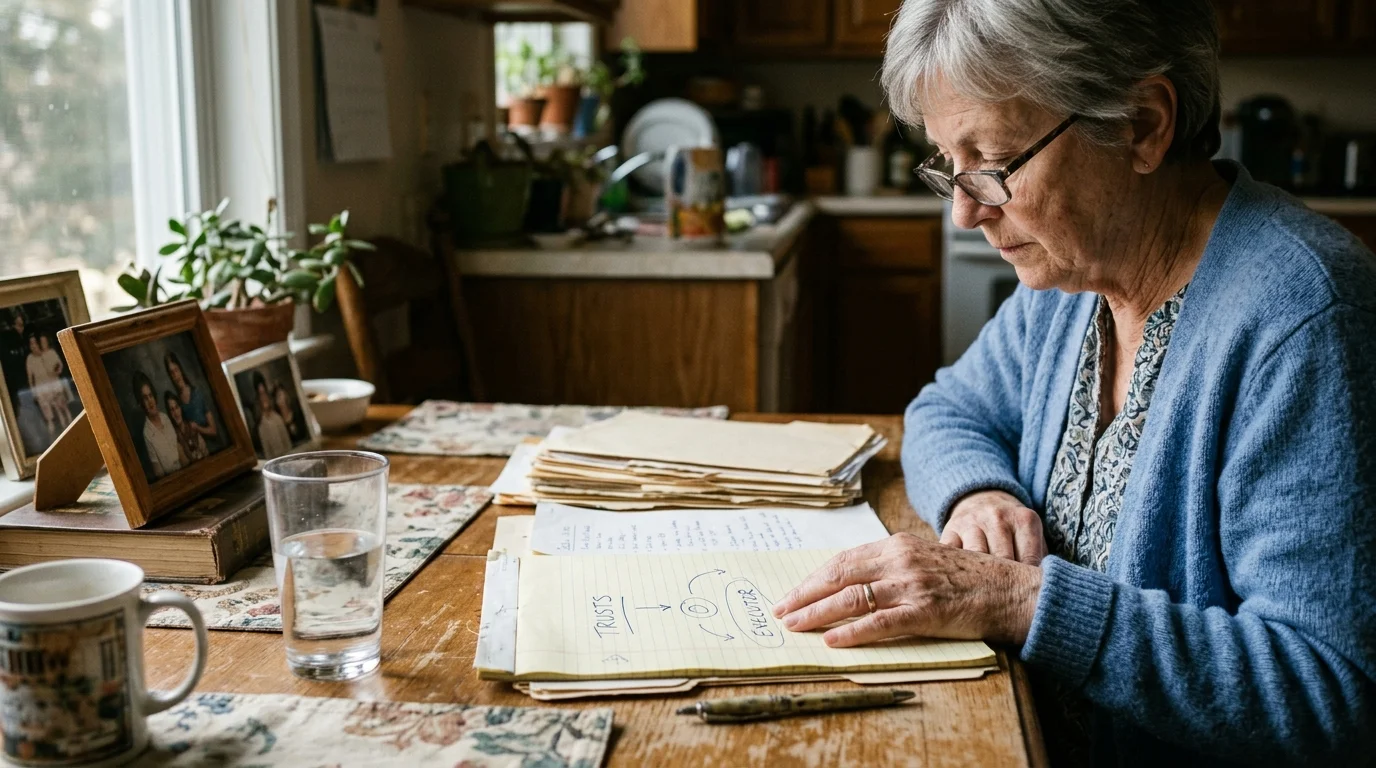 An older woman wearing glasses reviews handwritten notes about trusts and executors at a wooden table.