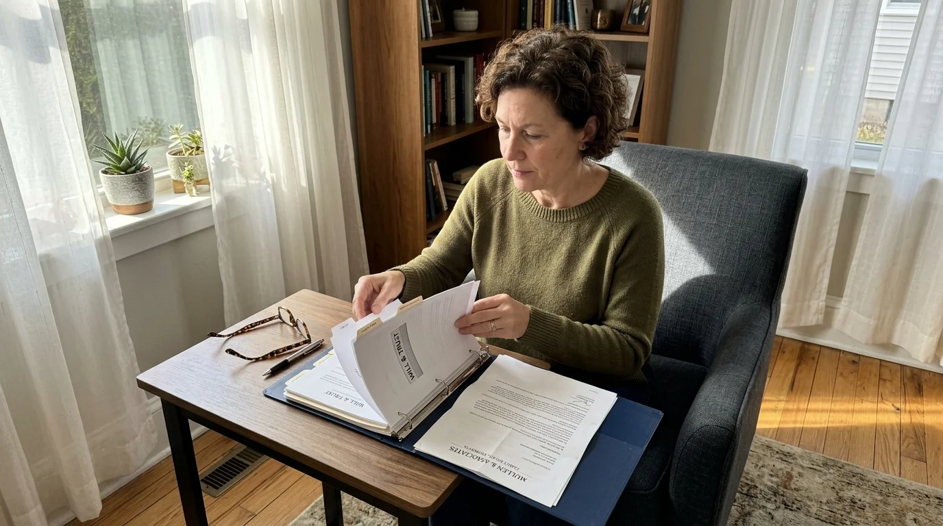 Woman sitting in an armchair reviewing will and trust documents inside a binder on a small desk.