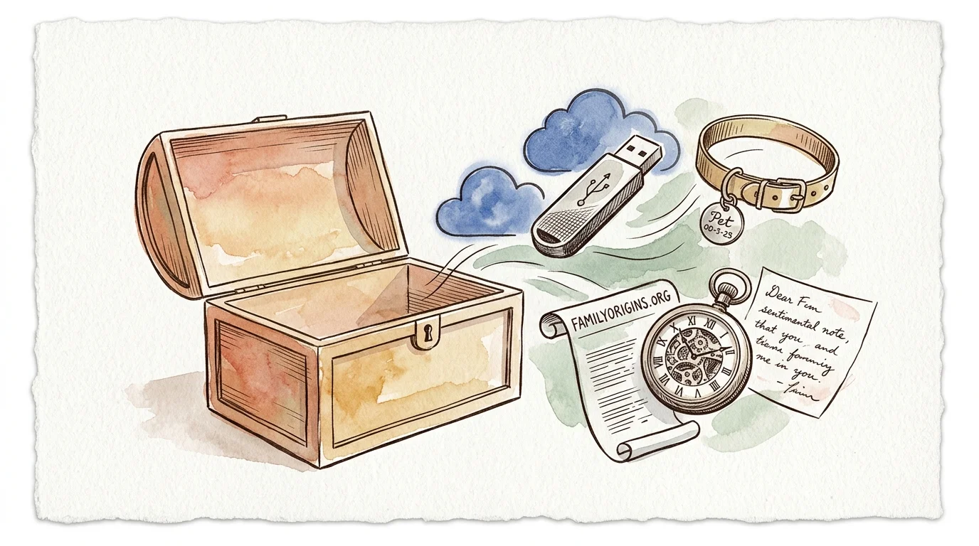 Watercolor illustration of an open wooden chest beside a flash drive, pet collar, pocket watch, scroll, and note.