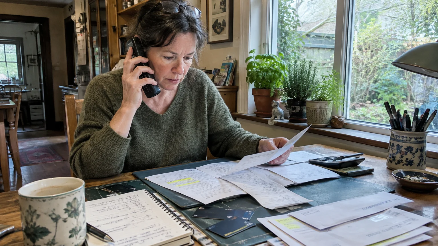 A woman sits at a desk covered in papers and credit cards, talking on a cordless phone near a window.