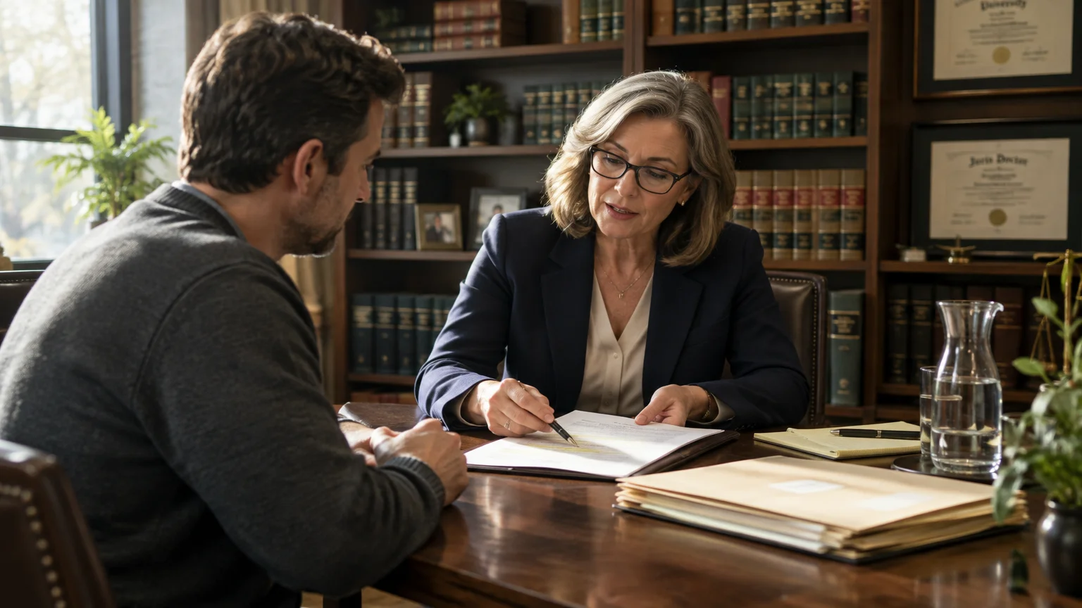 A female lawyer in glasses reviews a document at a desk with a male client in an office lined with bookshelves.