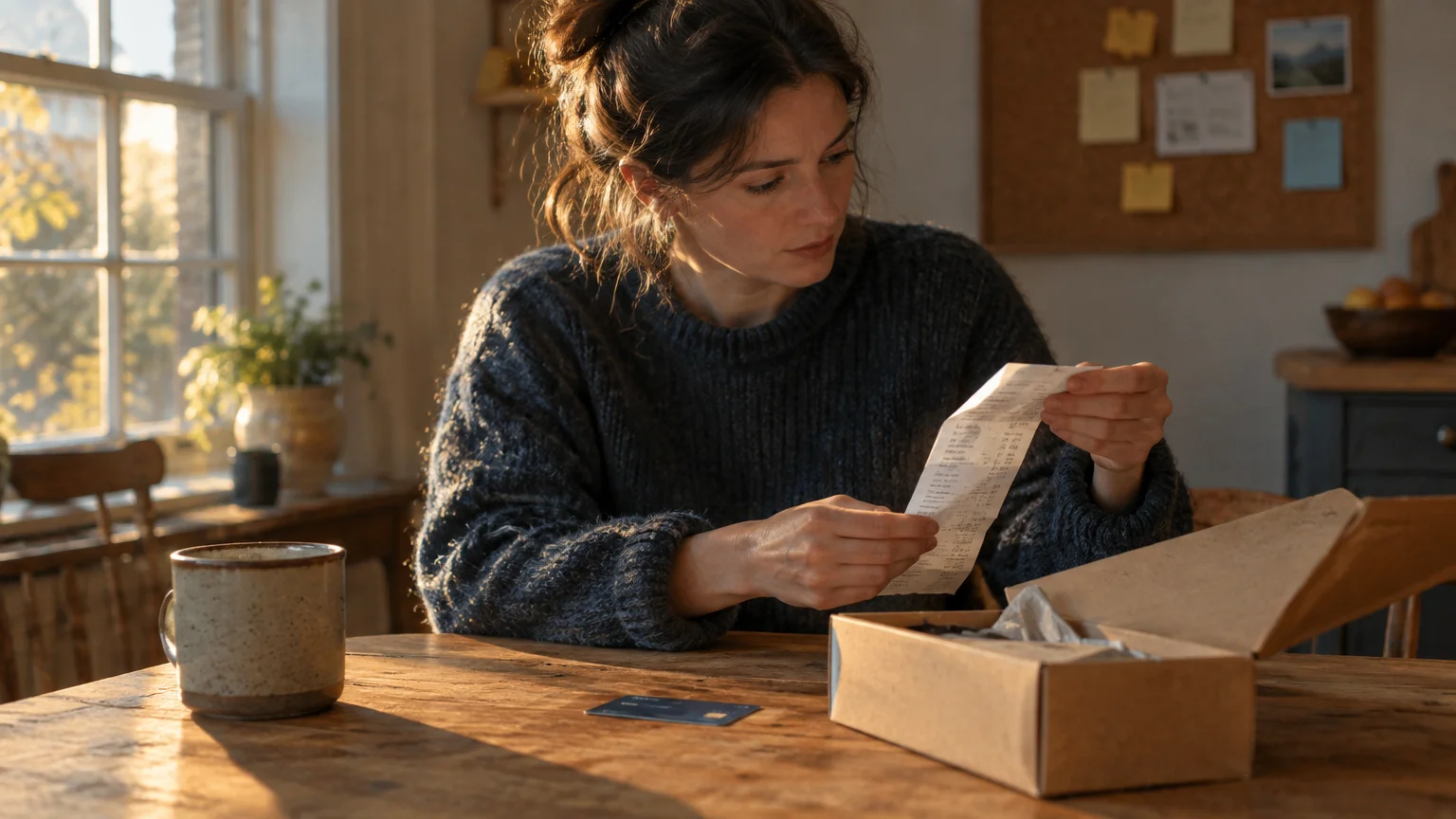 A woman sits at a wooden table reviewing a paper receipt next to an open cardboard box and a credit card.