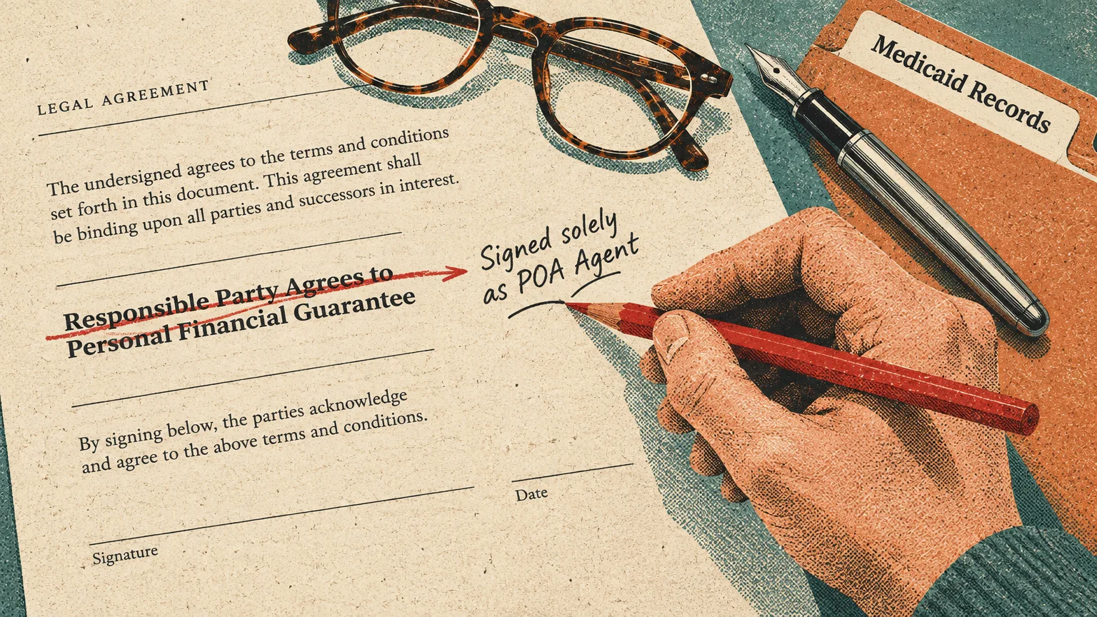A hand strikes through a personal financial guarantee clause on a contract with red pencil, next to eyeglasses and a pen.
