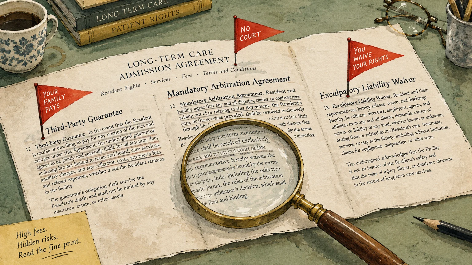 A magnifying glass rests on a long-term care admission agreement marked with red warning flags on a desk.