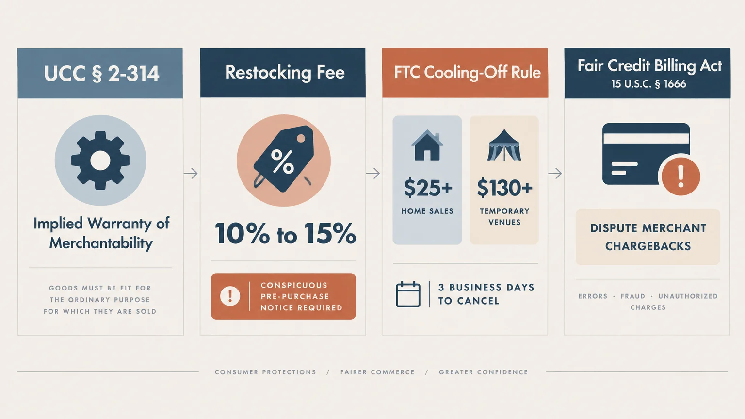 Diagram outlining four consumer protection concepts: UCC § 2-314, restocking fees, FTC cooling-off rules, and credit billing.