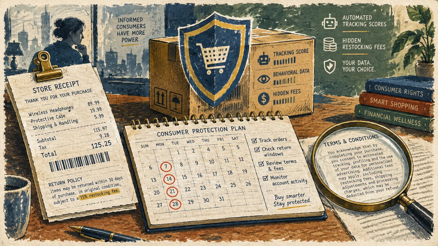 Illustration of a store receipt, calendar, package, and magnifying glass displaying terms on a wooden desk.