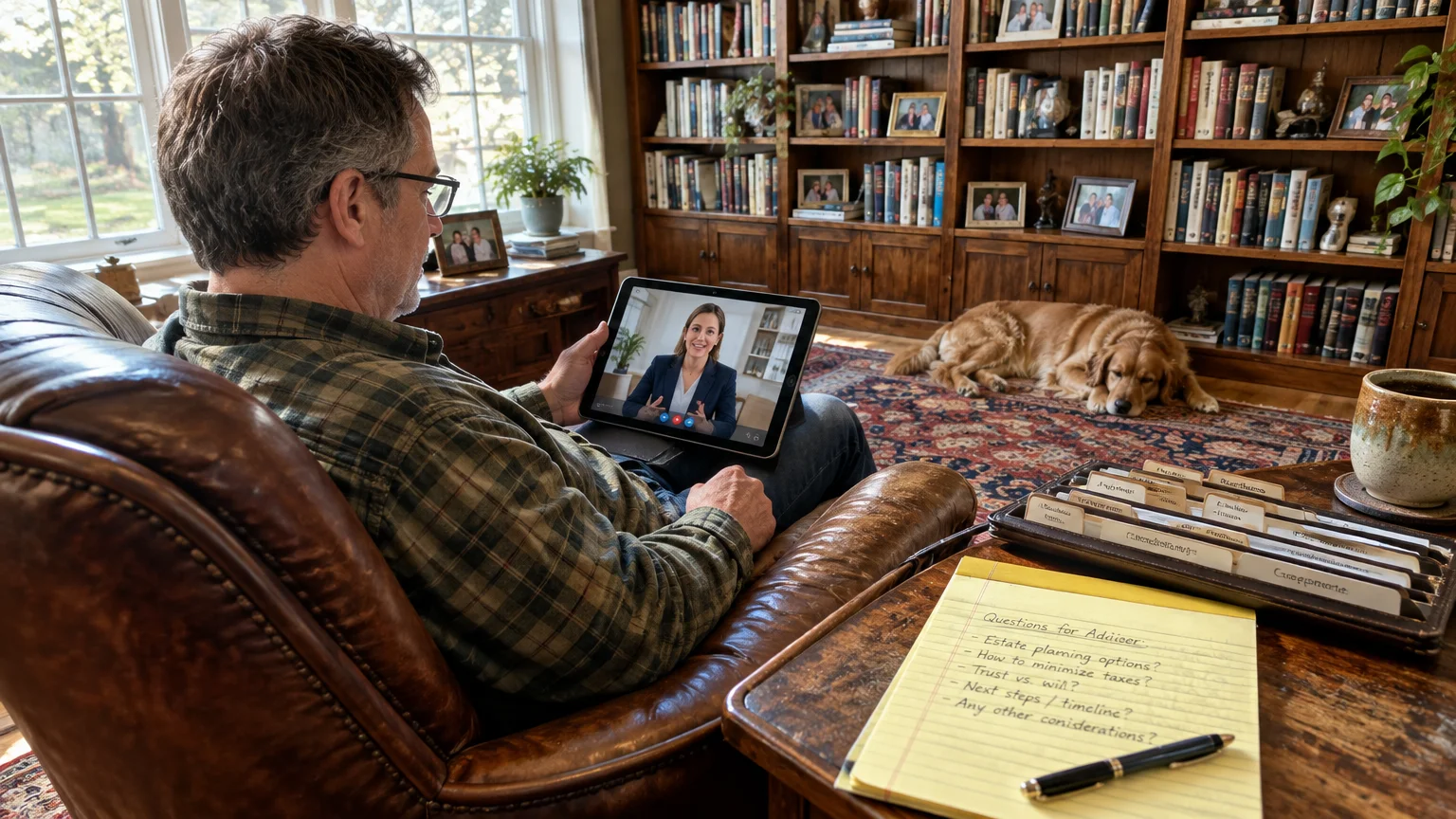 Man on a video call using a tablet in an armchair next to a notepad, with a dog sleeping in a home library.