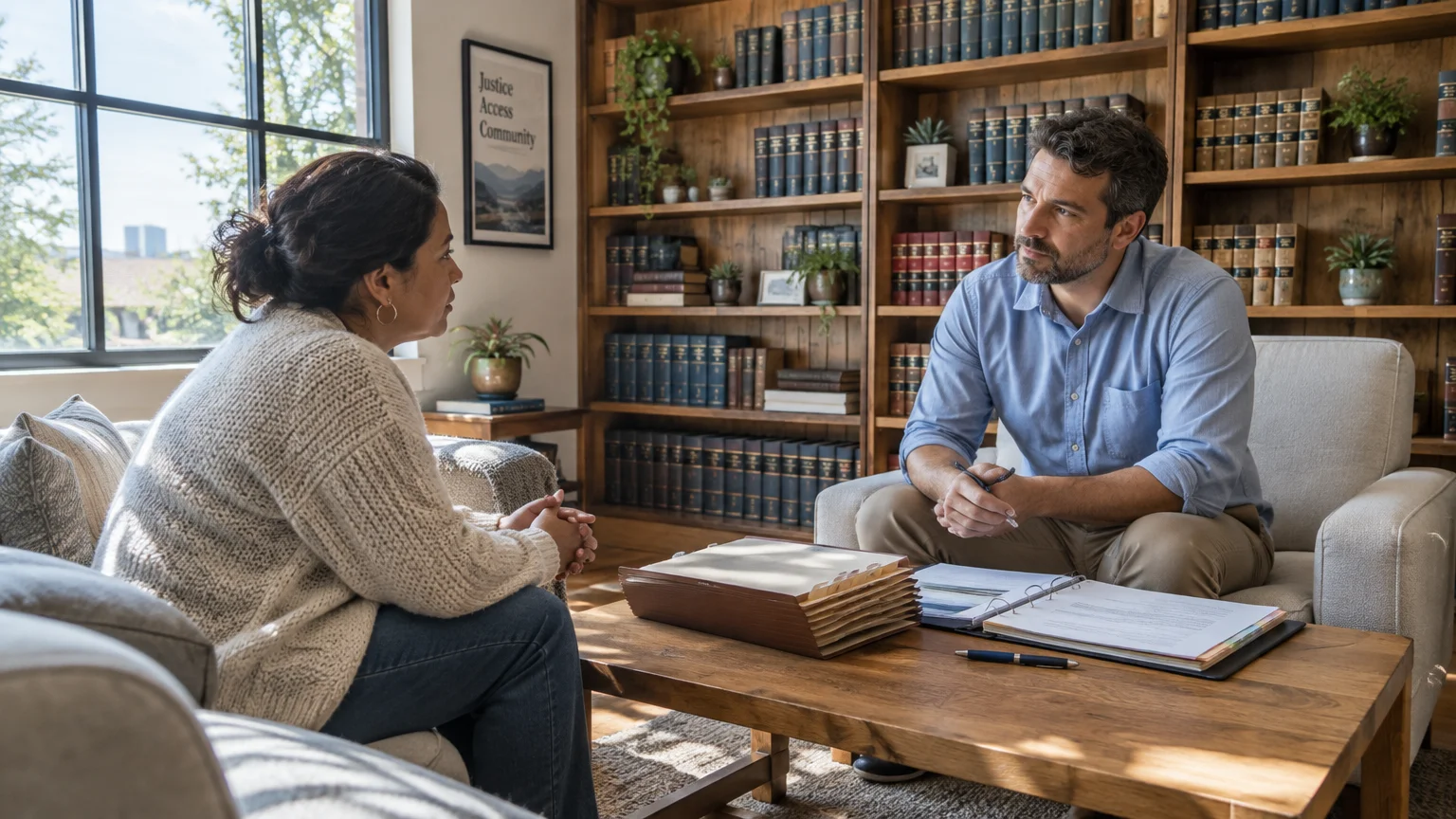 A woman and a man sit across from each other in an office with bookshelves, discussing paperwork on a coffee table.