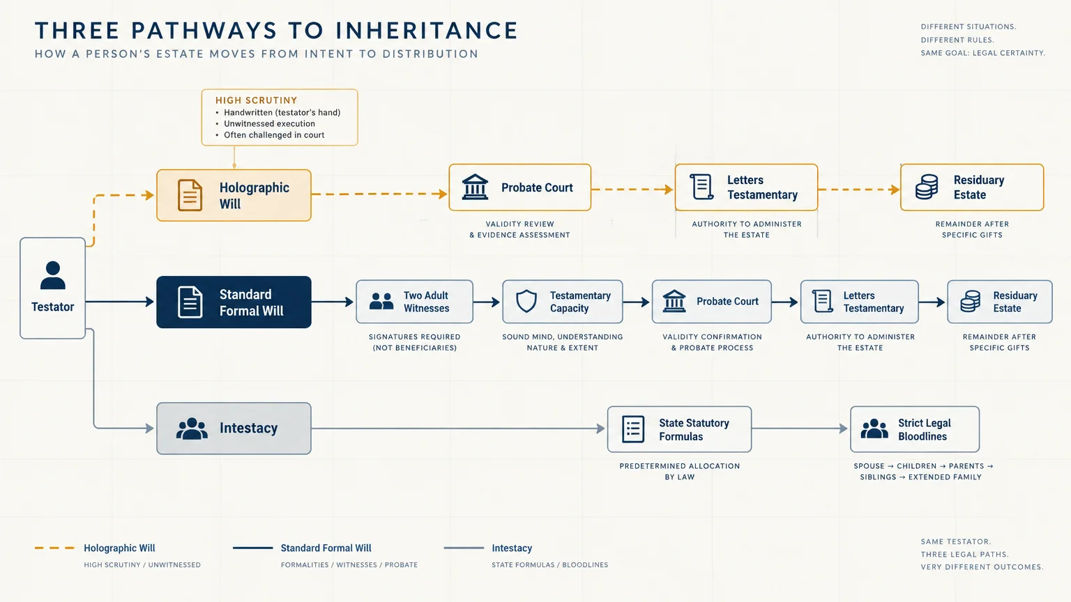 Flowchart comparing three inheritance pathways from a testator: holographic will, standard formal will, and intestacy.