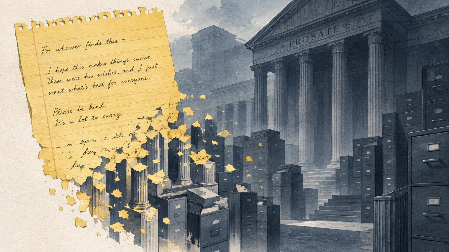 Illustration of a torn handwritten note on lined paper crumbling in front of a classical probate court with file cabinets.