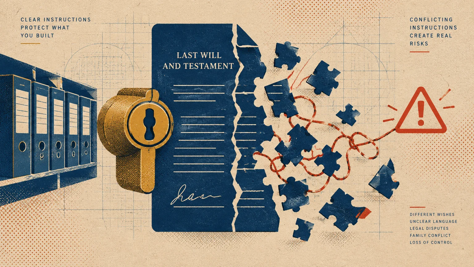 Illustration of a Last Will and Testament document tearing into puzzle pieces beside binders, a lock, and a warning sign.