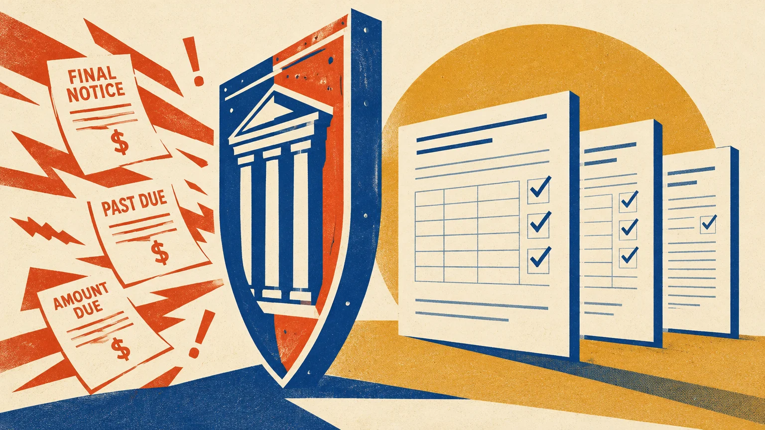 Illustration of a shield with courthouse columns blocking overdue billing notices from reaching checkmarked documents.