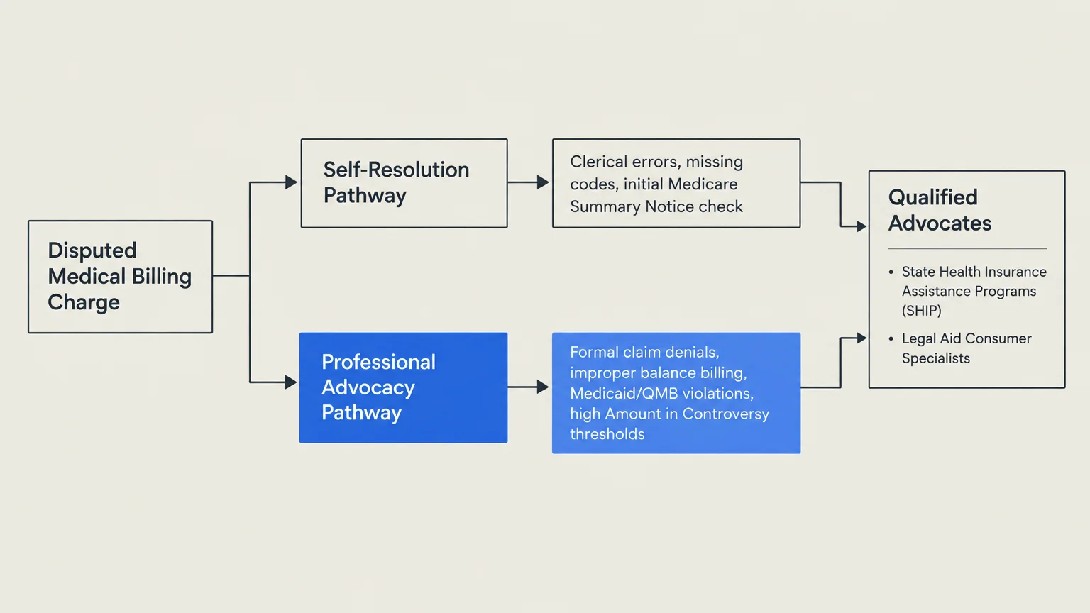 Flowchart comparing self-resolution and professional advocacy pathways for disputed medical billing charges.
