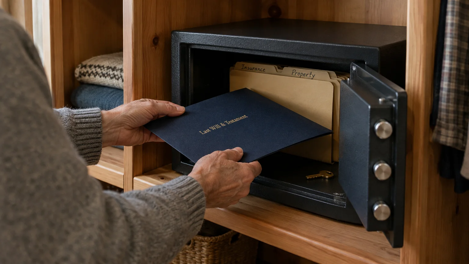Hands placing a dark blue Last Will and Testament document into an open safe containing labeled folders.