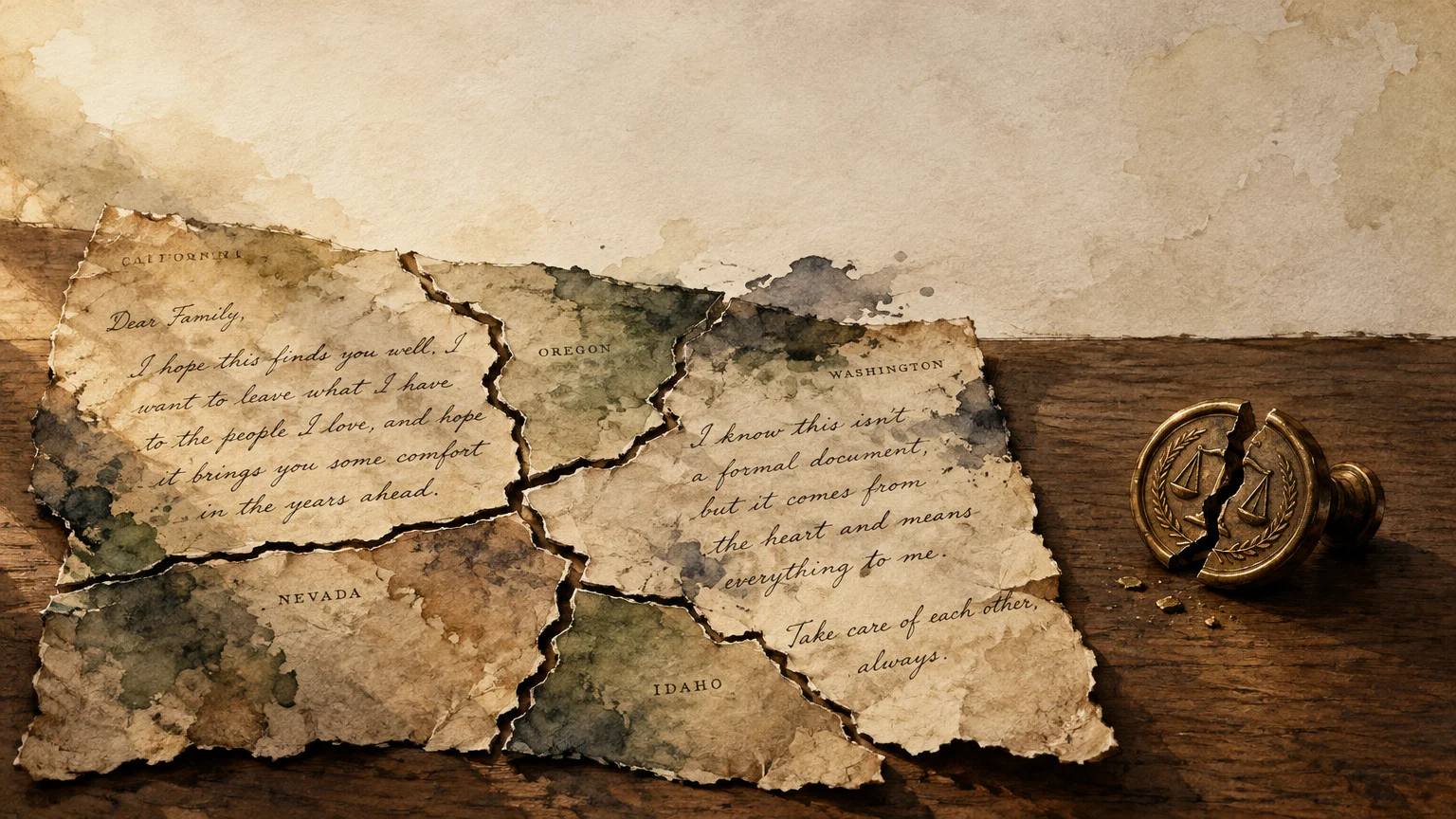 A torn, aged handwritten letter mapped with state names sits beside a broken brass seal featuring scales of justice.