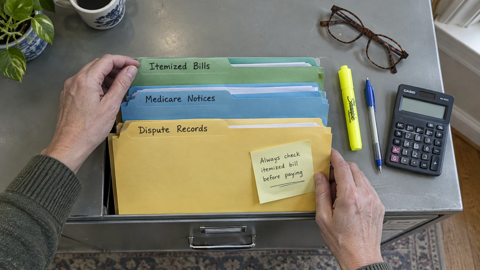 Overhead view of hands organizing labeled folders in a metal filing drawer next to glasses, a pen, and a calculator.