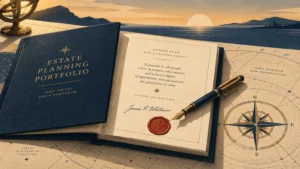 Open estate planning portfolio with a signed document, wax seal, and fountain pen beside a navigational compass.