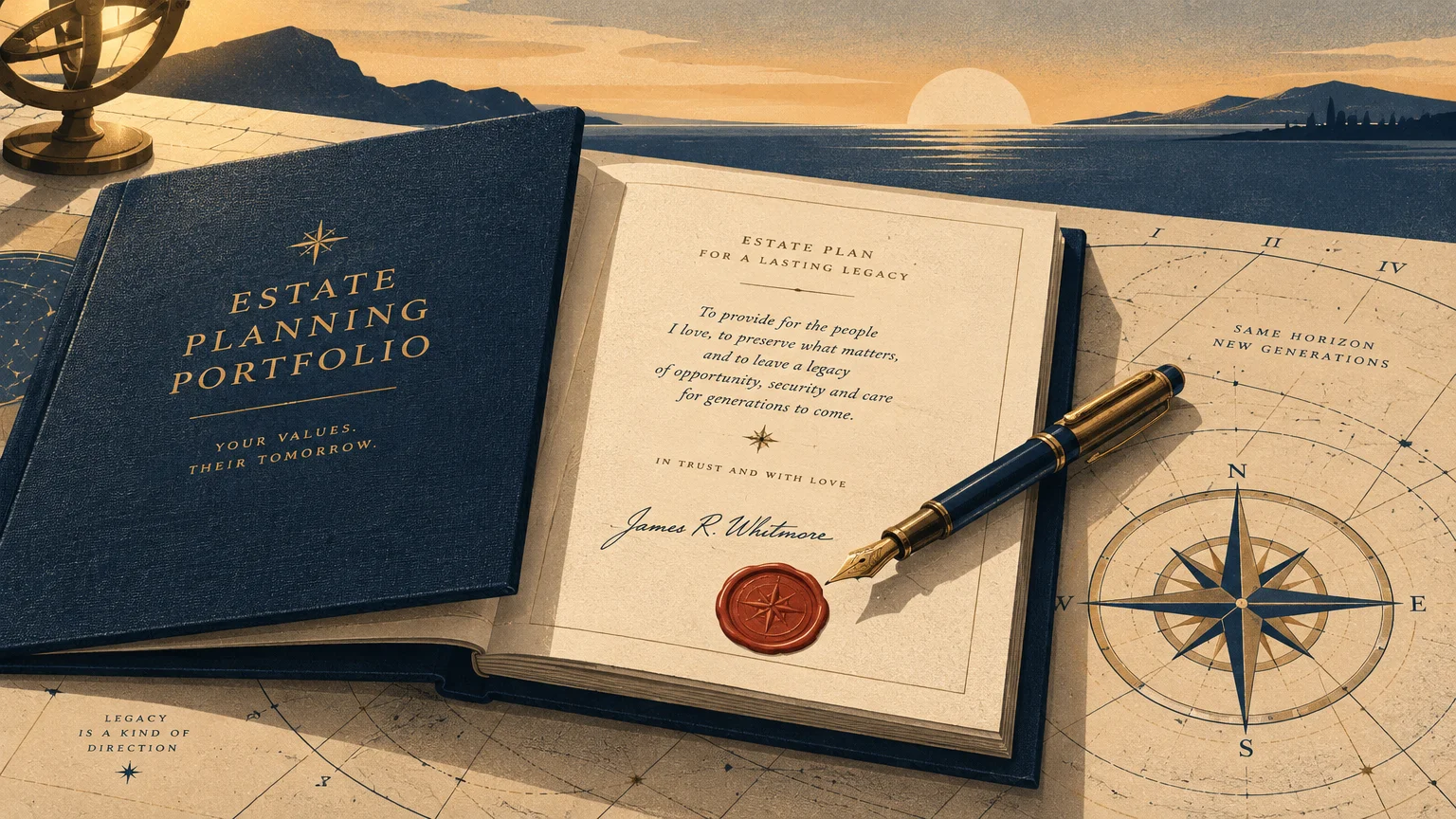 Open estate planning portfolio with a signed document, wax seal, and fountain pen beside a navigational compass.